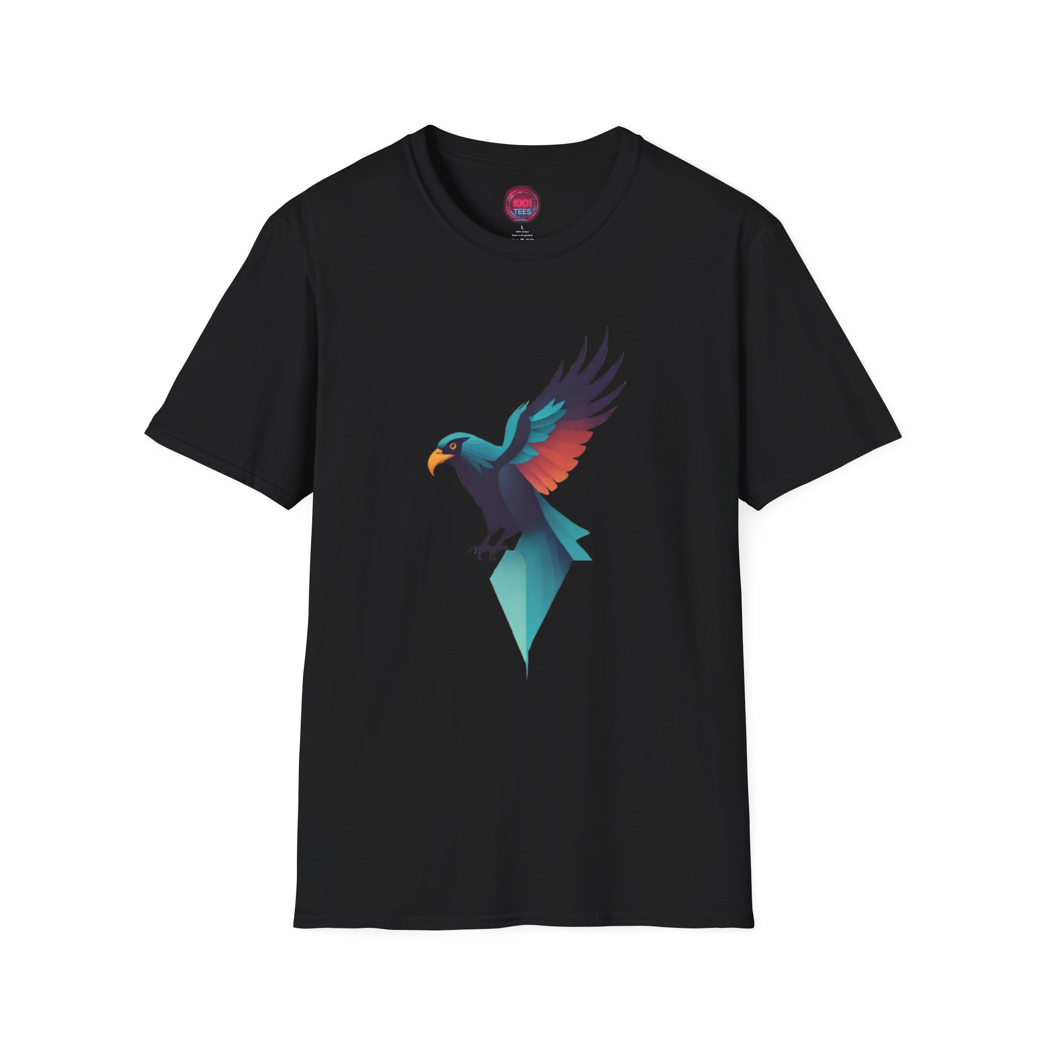 Stylish Black T-Shirt with Colorful Bird Design - Unisex Softstyle Tee
