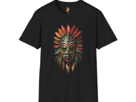 Tribal Leaf Mask Vibrant Nature-Inspired Design – Black Graphic Tee