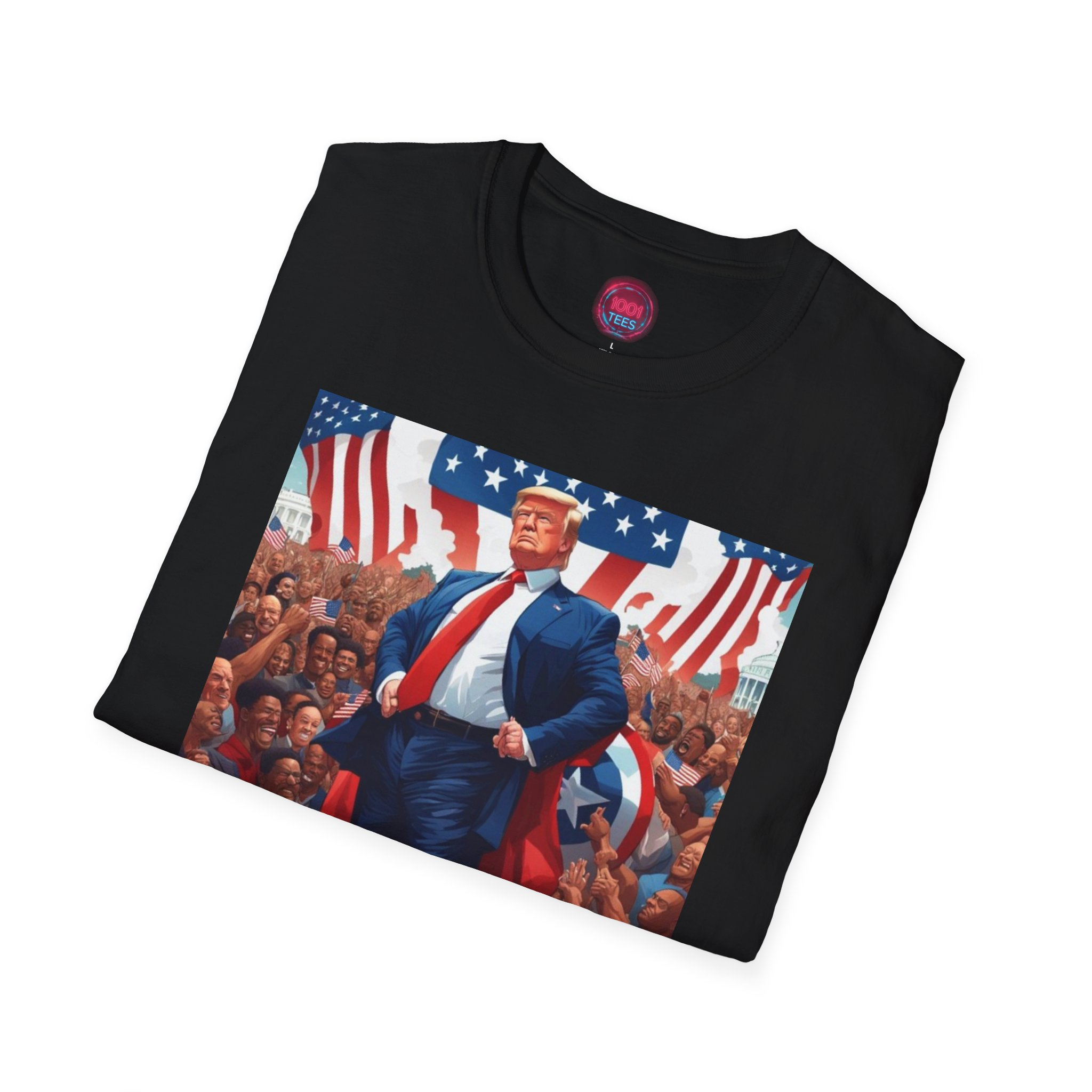 Unisex Softstyle Graphic T-Shirt - Patriotic Design with Trump and Flags - Image 4