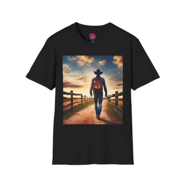 Adventure Awaits Cowboy T-Shirt - Unisex Softstyle Tee for Outdoors Enthusiasts