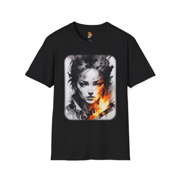 Artistic Flame Portrait Unisex Softstyle T-Shirt - Unique Design for Creative Souls