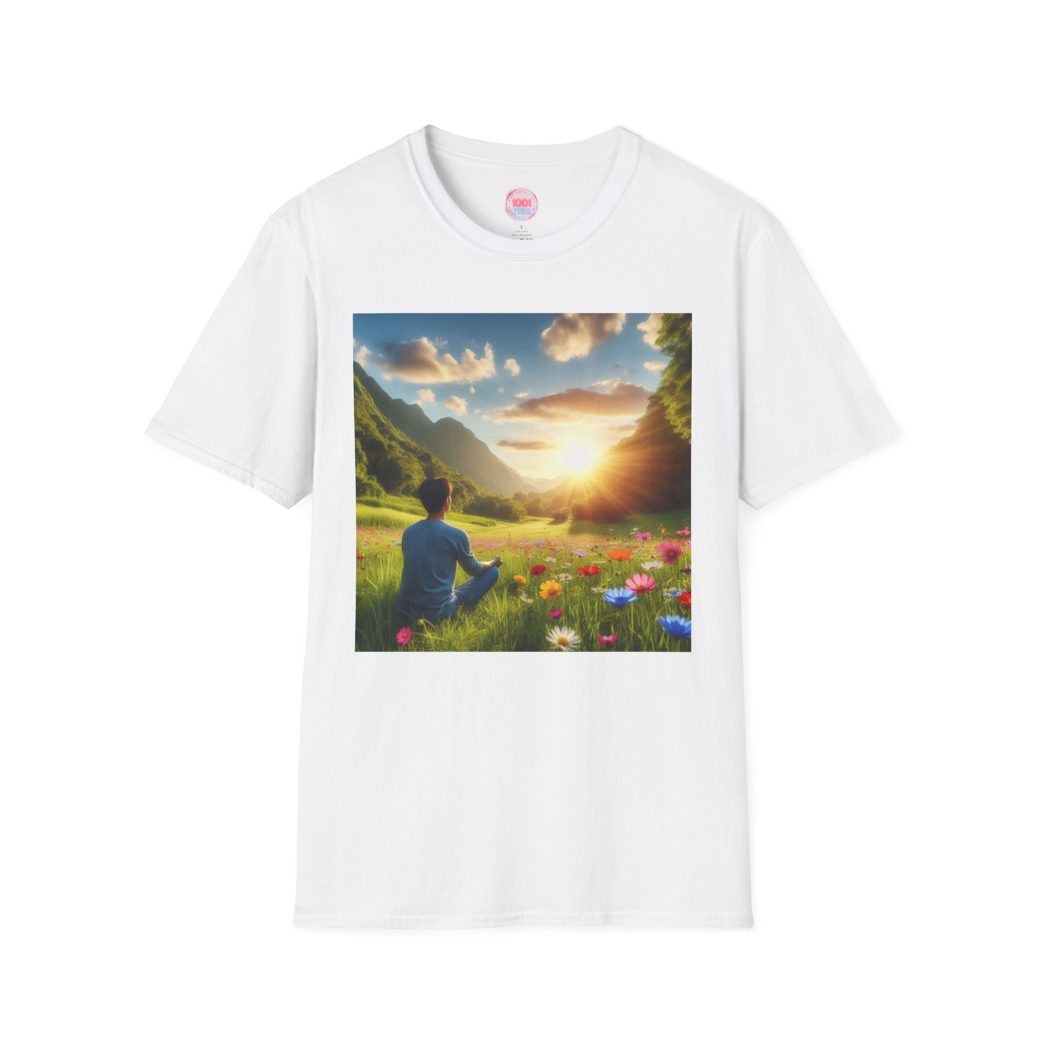 Serene Nature Unisex Softstyle T-Shirt - Relaxing Sunset Meditation Design