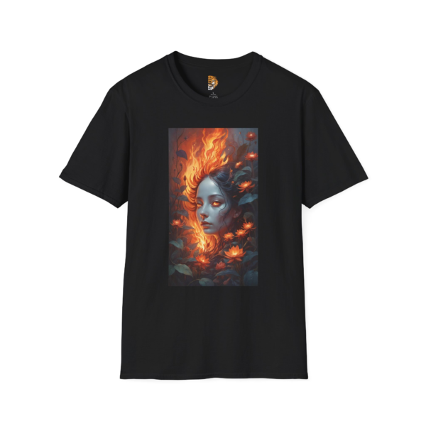 Mystical Fire Lady Unisex Softstyle T-Shirt - Boho Art Tee for Nature Lovers