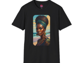 Artistic Black Vibrant Woman Design for Beach Lovers – Black Graphic Tee