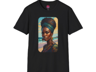 Artistic Black Unisex Softstyle T-Shirt - Vibrant Woman Design for Beach Lovers