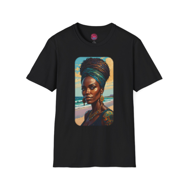 Artistic Black Unisex Softstyle T-Shirt - Vibrant Woman Design for Beach Lovers