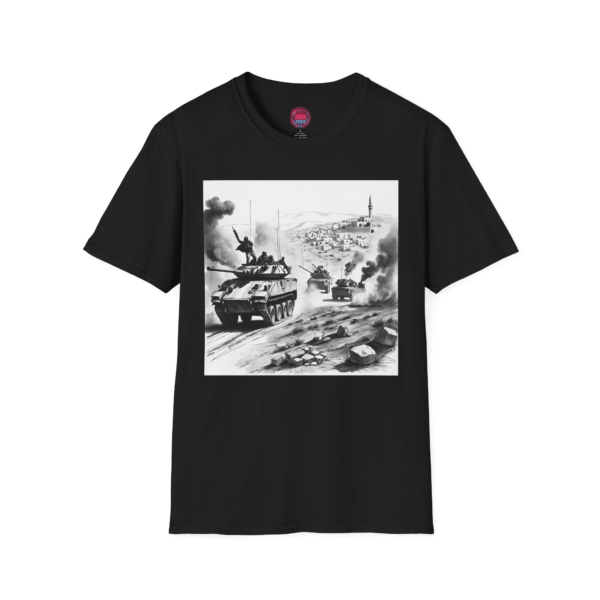 Military Adventure Unisex Softstyle T-Shirt - Bold Battle Scene Design