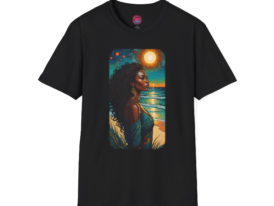 Sunset Serenity Vibrant Beach Woman Design – Black Graphic Tee