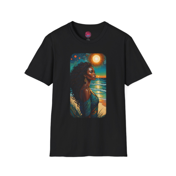Sunset Serenity Unisex Softstyle T-Shirt - Vibrant Beach Woman Design