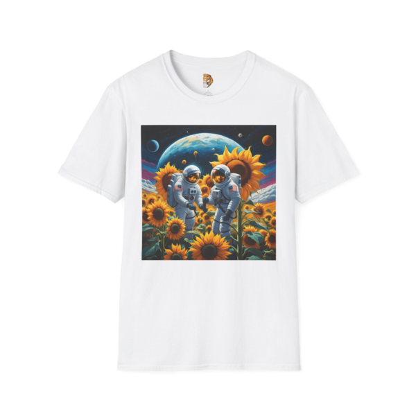 Cosmic Adventure Sunflower T-Shirt - Unisex Softstyle Tee with Astronaut Design