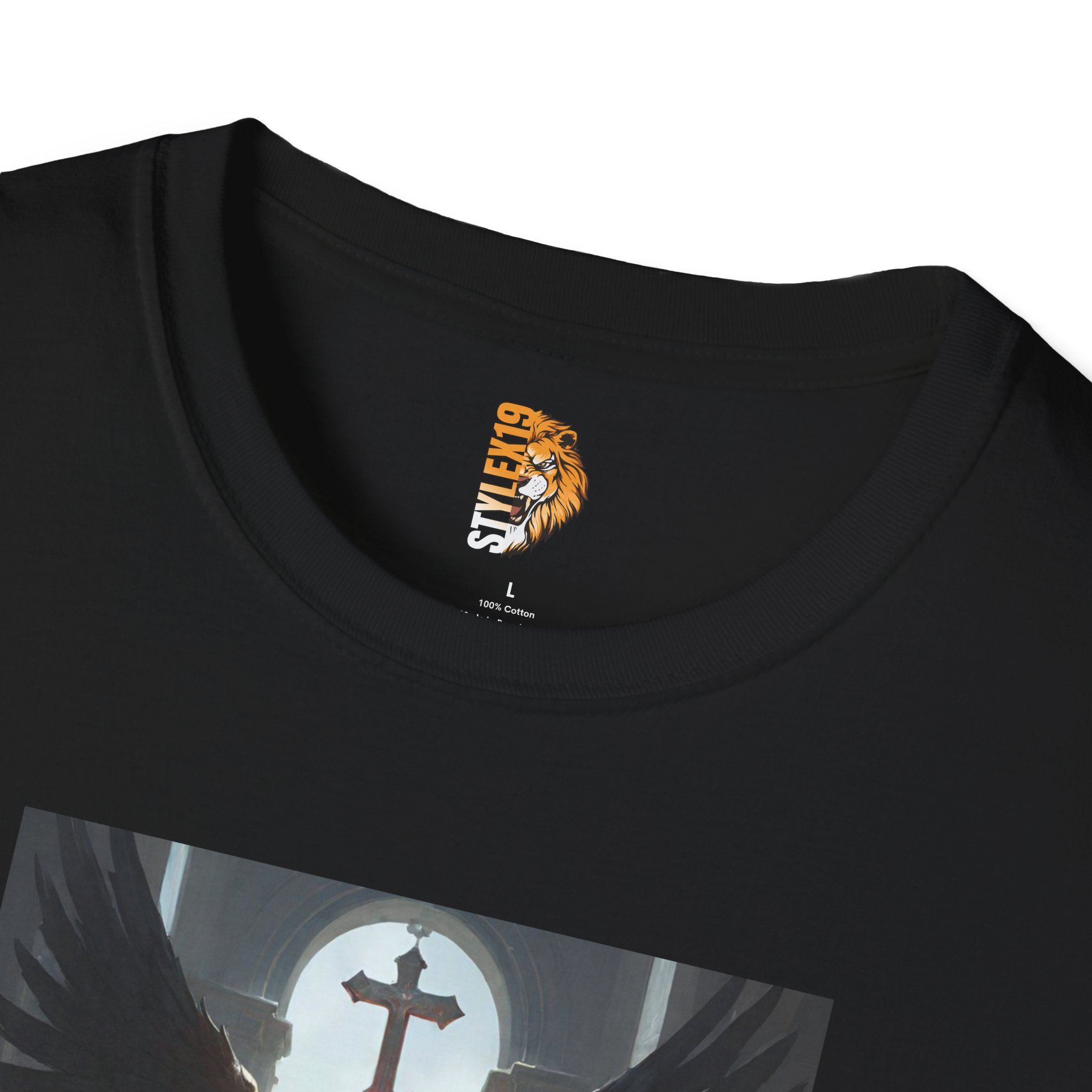 Angelic Warrior Graphic Unisex Softstyle T-Shirt - Dark Fantasy Design - Image 3