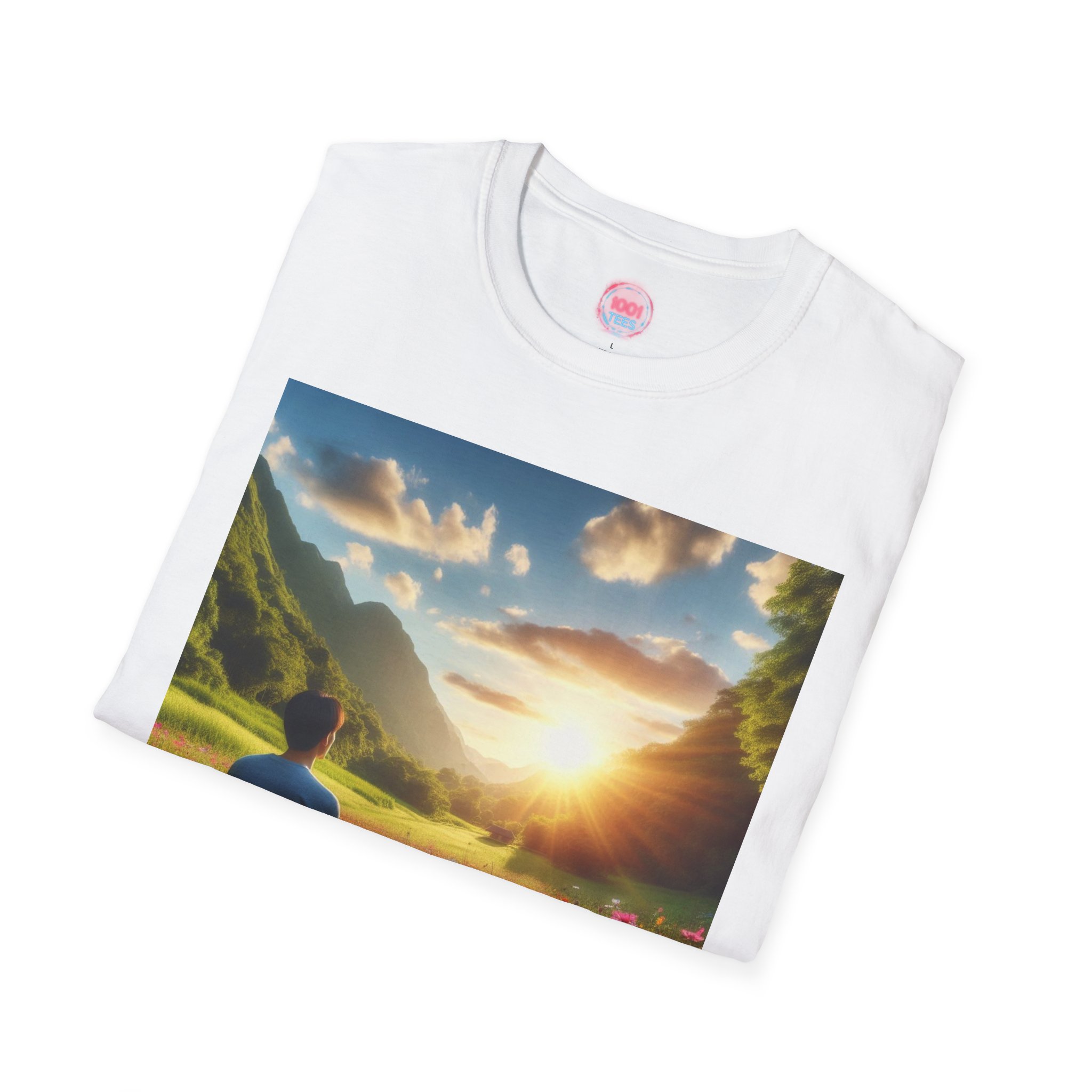 Serene Nature Unisex Softstyle T-Shirt - Relaxing Sunset Meditation Design - Image 4