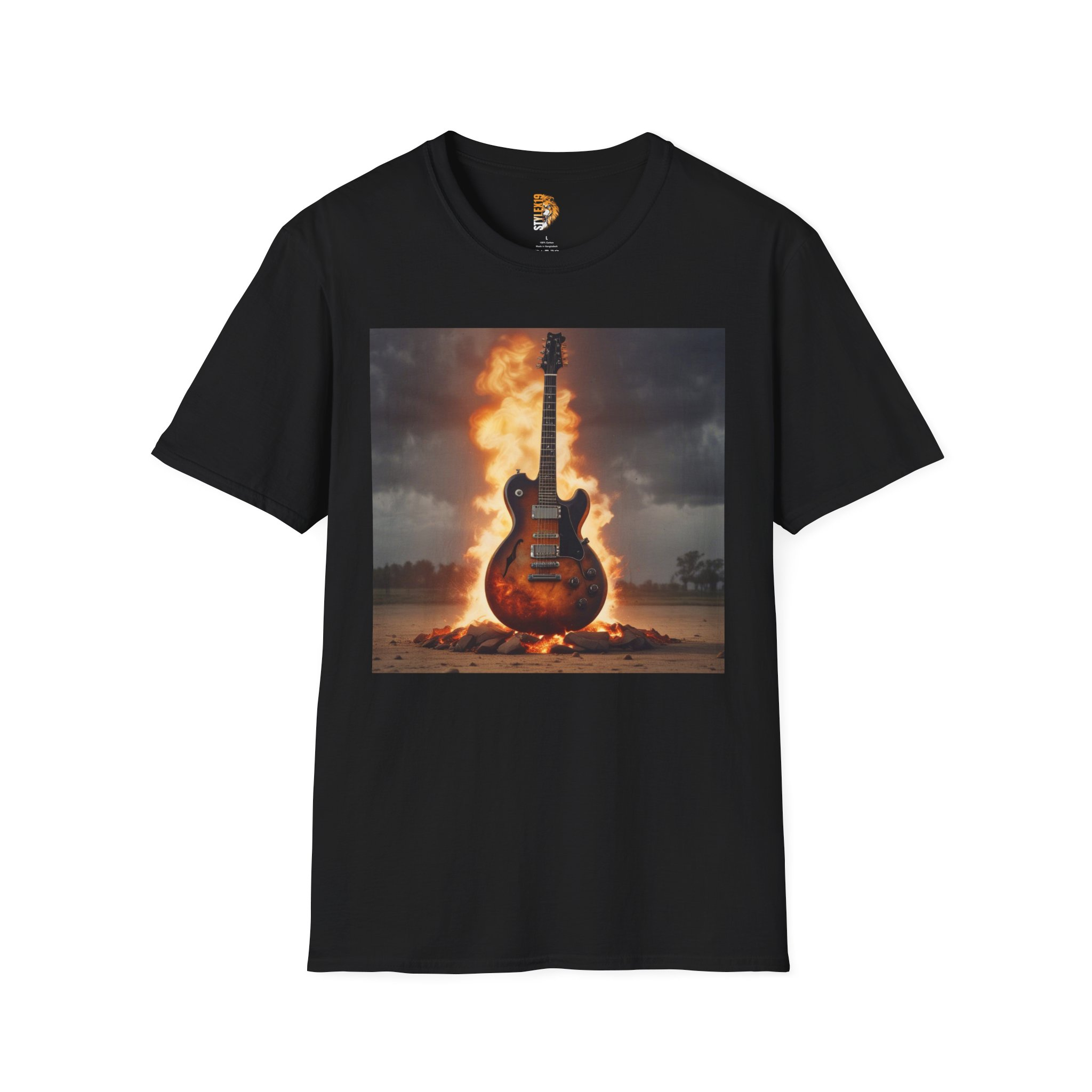Fire Guitar Unisex Softstyle T-Shirt - Perfect for Musicians & Music Lovers