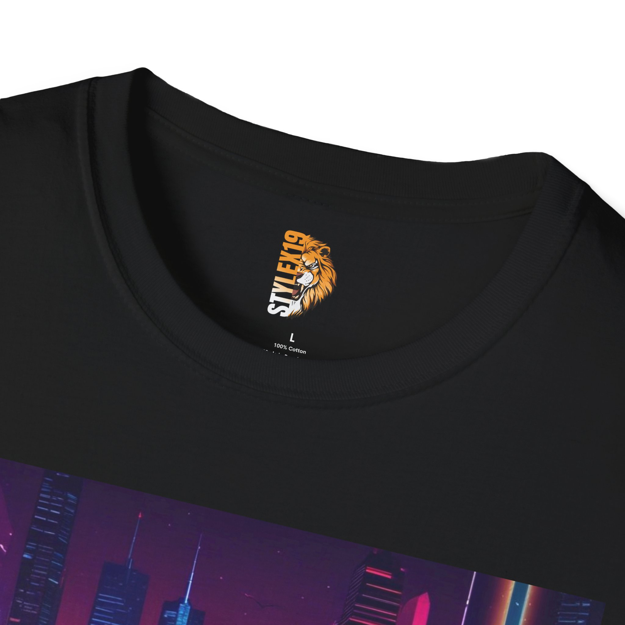 Urban Nightscape Unisex Softstyle T-Shirt - Vibrant City Silhouette Design - Image 3