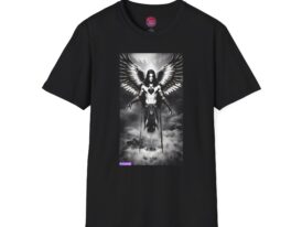 Celestial Guardian Bold Winged Angel Design – Black Graphic Tee