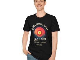 Retro 80s Vinyl T-Shirt — Bucktown Beat Live Music Chicago – Black Graphic Tee
