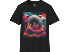 Vibrant Mountain Scene Trendy Art Tee for Nature Lovers – Black Graphic Tee