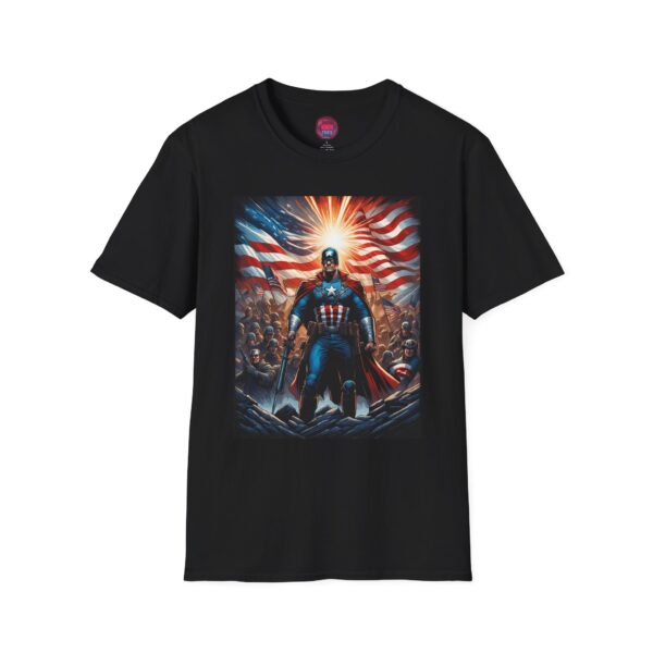 Heroic Patriot Unisex Softstyle T-Shirt - Bold American Flag Design