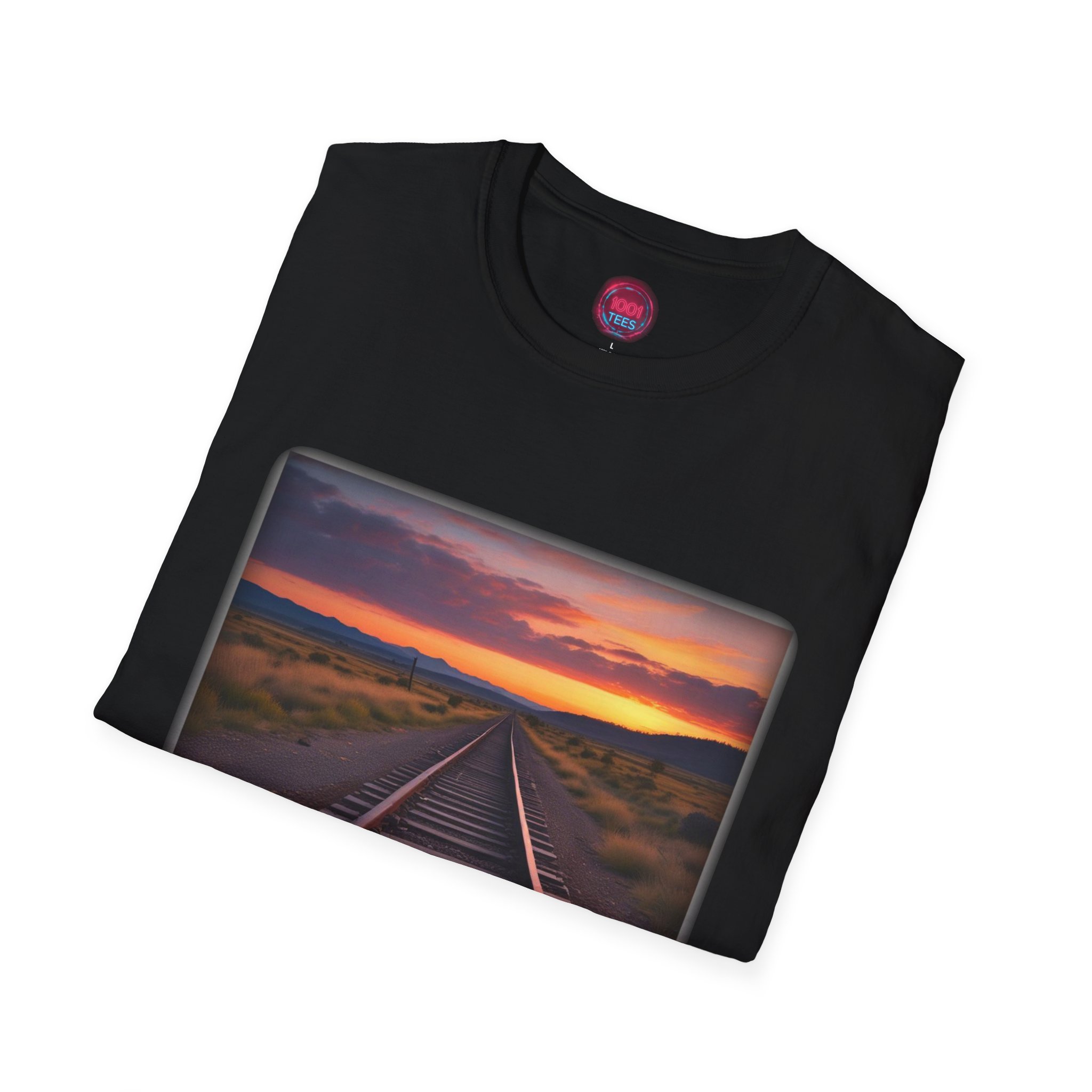 Railroad Sunset Unisex Softstyle T-Shirt - Perfect for Nature Lovers - Image 4