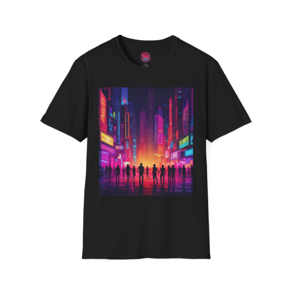 Neon Cityscape Unisex Softstyle T-Shirt - Urban Vibes for Nightlife Lovers
