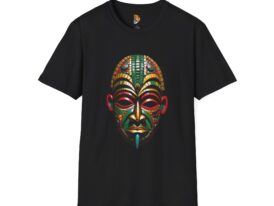 Vibrant Tribal Mask Colorful Art Tee for Cultural Celebration – Black Graphic Tee