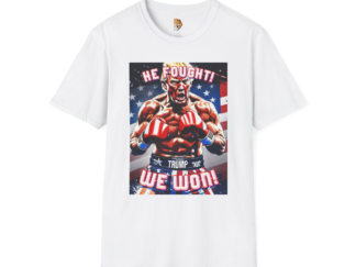'He Fought! We Won!' Unisex Softstyle T-Shirt - Patriotic Graphic Tee
