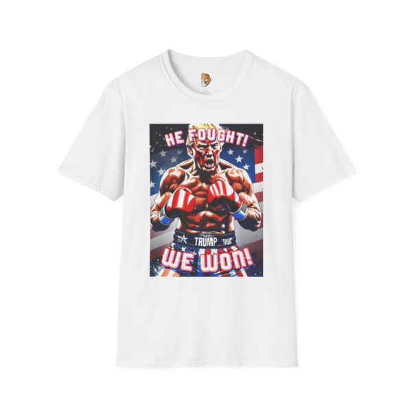 'He Fought! We Won!' Unisex Softstyle T-Shirt - Patriotic Graphic Tee
