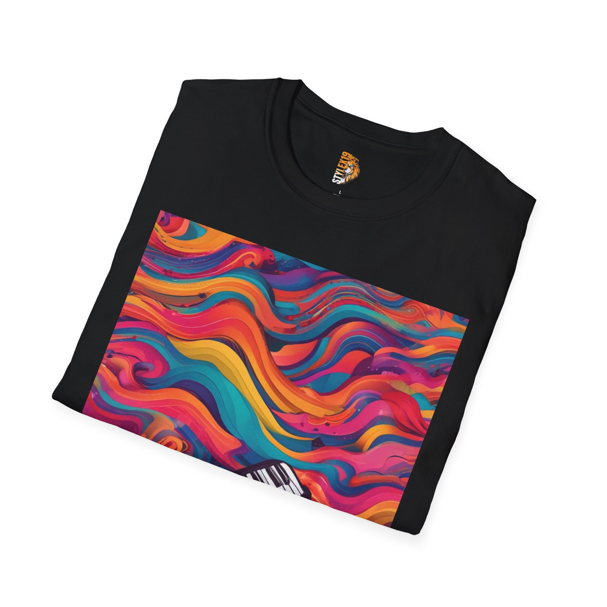 Colorful Piano Waves Unisex Softstyle T-Shirt - Perfect for Music Lovers - Image 4