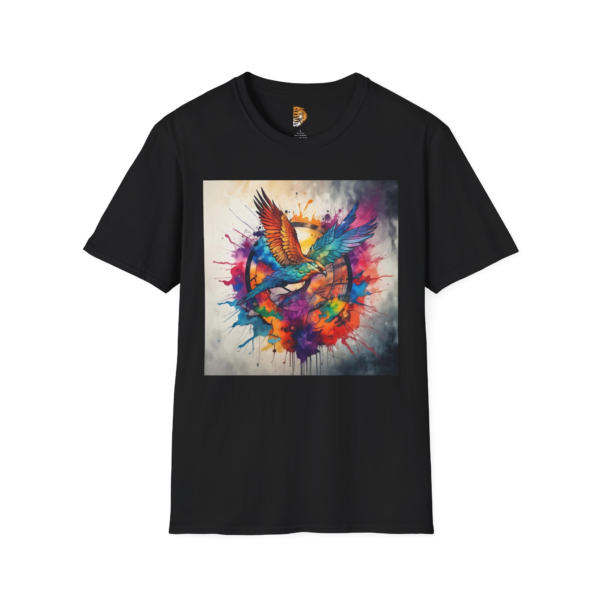 Colorful Bird Art Unisex Softstyle T-Shirt - Vibrant Splash Design