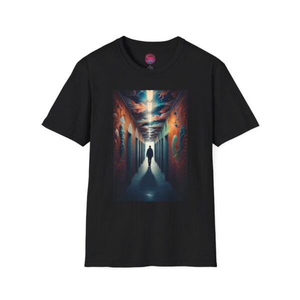 Mysterious Corridor Unisex Softstyle T-Shirt | Artistic Graphic Tee for Creatives