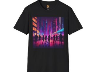 Urban Nightscape Unisex Softstyle T-Shirt - Vibrant City Silhouette Design
