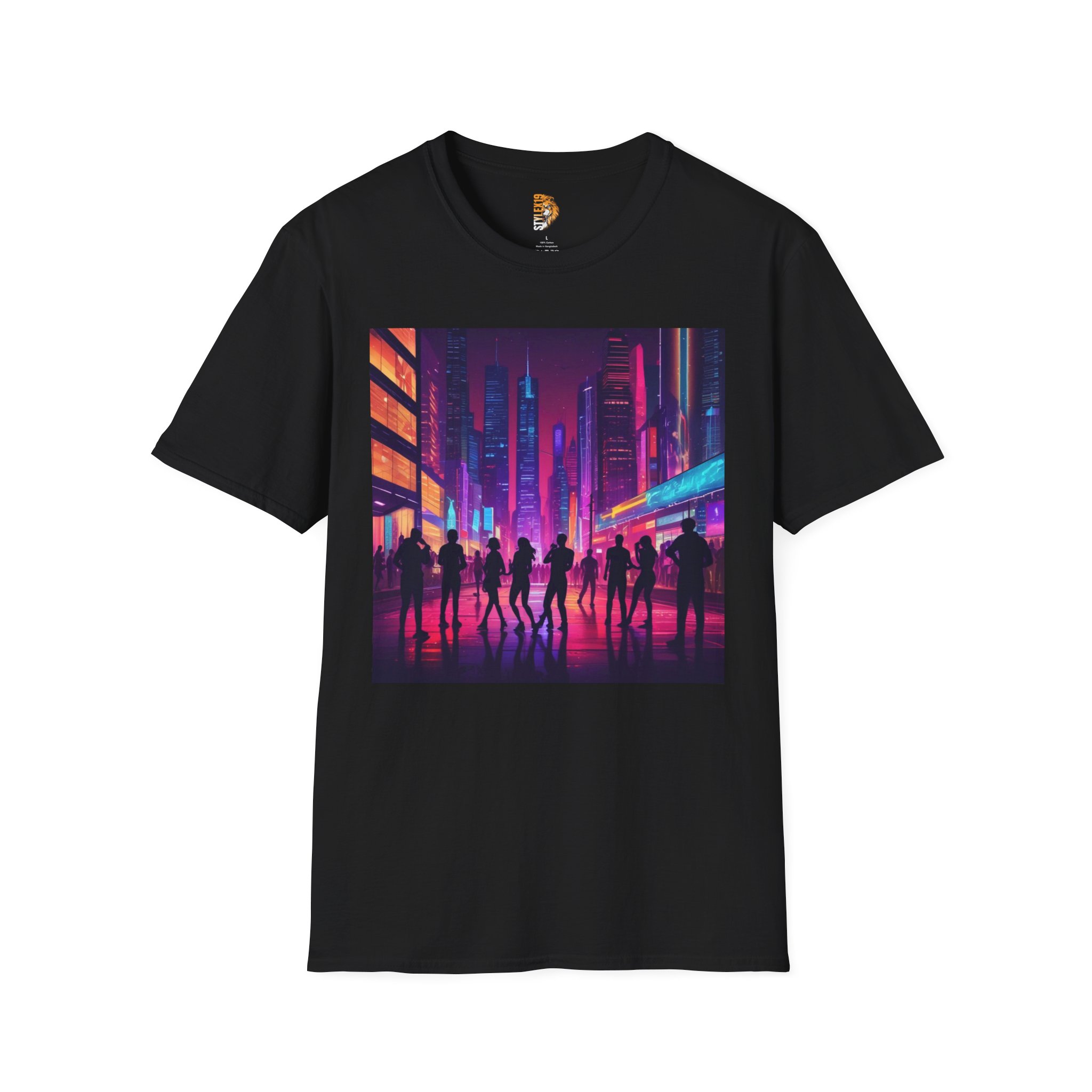 Urban Nightscape Unisex Softstyle T-Shirt - Vibrant City Silhouette Design