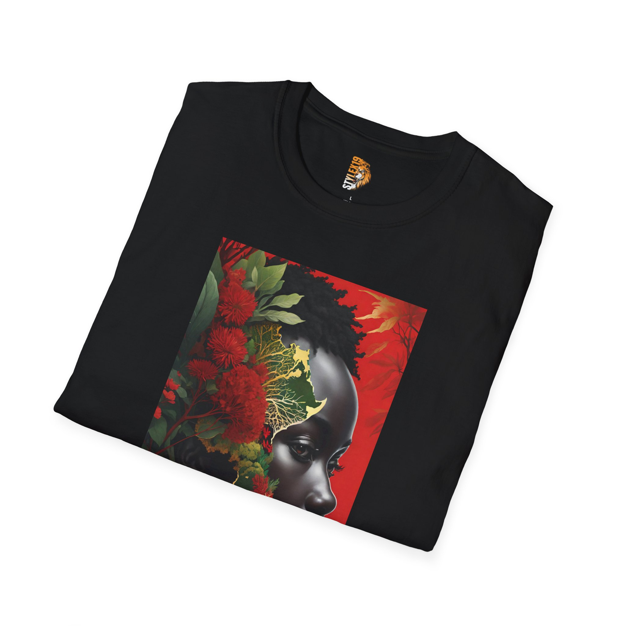Floral Portrait Unisex Softstyle T-Shirt – Afrocentric Nature Design - Image 4