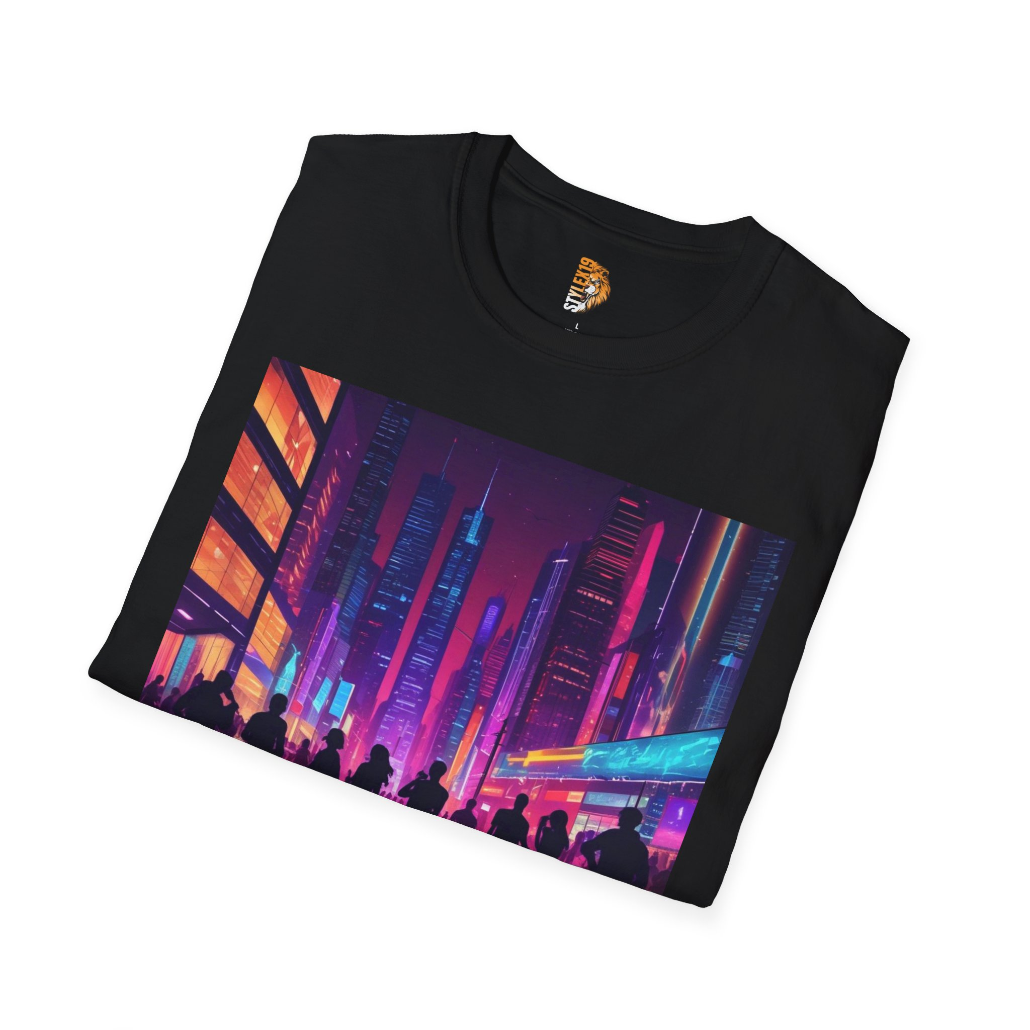 Urban Nightscape Unisex Softstyle T-Shirt - Vibrant City Silhouette Design - Image 4