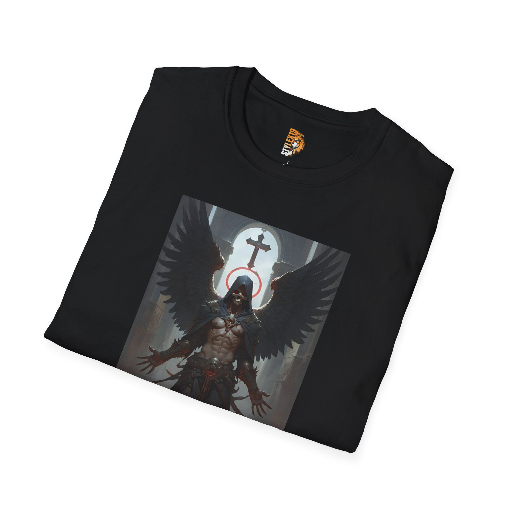 Angelic Warrior Graphic Unisex Softstyle T-Shirt - Dark Fantasy Design - Image 4