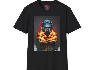 Graphic T-Shirt — Muscular Figure with Gas Mask Urban Art