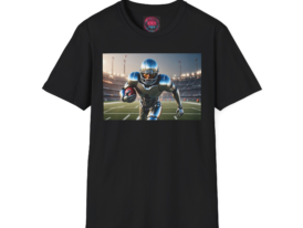 Cyborg Football Player Action T-Shirt — Gridiron Helmet & Ball Sports Tee – Black Graphic Tee