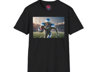 Cyborg Football Player Action T-Shirt — Gridiron Helmet & Ball Sports Tee