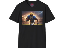 Football Player Action T-Shirt — Gridiron Running Back Stadium Print – Black Graphic Tee