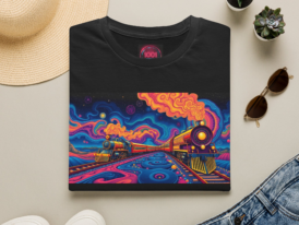 Psychedelic Train Nightscape T-Shirt – Black Graphic Tee