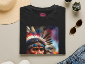 Native American Chief Portrait T-Shirt — Colorful Tribal Headdress Tee – Black Graphic Tee