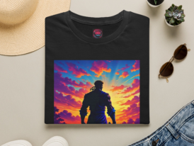 Samurai Silhouette Tee — Vibrant Sunset Sword Warrior Graphic T-Shirt – Black Graphic Tee