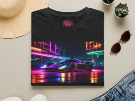 Retro Neon Sports Car T-Shirt — Vaporwave Night City Racing Tee – Black Graphic Tee
