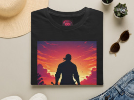 Samurai Sunset T‑Shirt — Silhouette Warrior – Black Graphic Tee