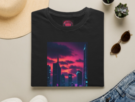 Neon Cityscape T-Shirt, Retro , Urban Streetwear Top, Shirt, Gifts for Car Lovers, Cool Vintage Style – Black Graphic Tee