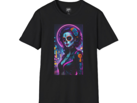 Cyberpunk Día de los Muertos T-Shirt — Neon Sugar Skull Woman