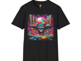 Psychedelic Skull City T-Shirt — Neon Dreamscape Graphic Tee